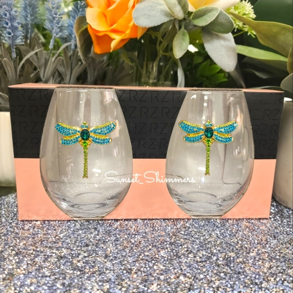 Rachel Zoe Jeweled Rhinestone Lucky Dragonfly Stemless Wine Glasses NEW